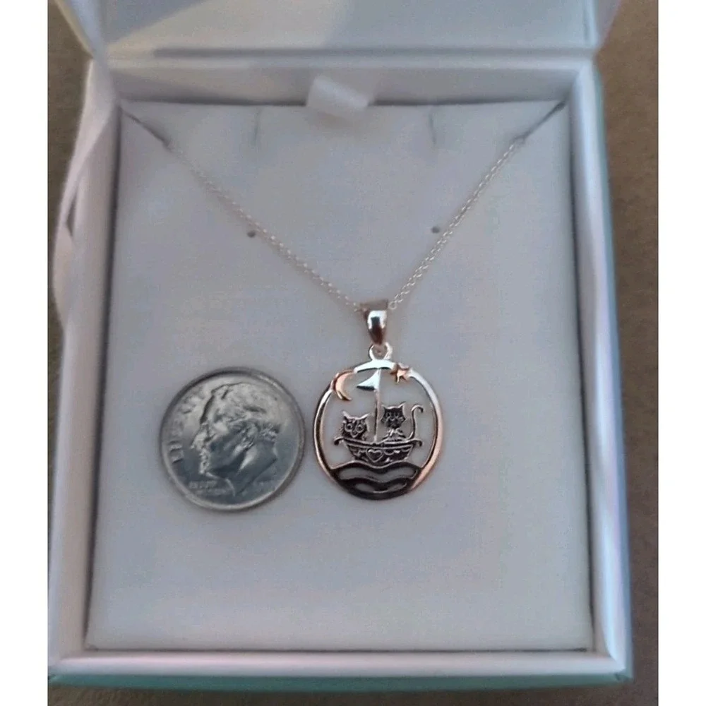 Origins Owl & Cat Gold‎ Plated Moon Star Sterling Silver Necklace Pendant